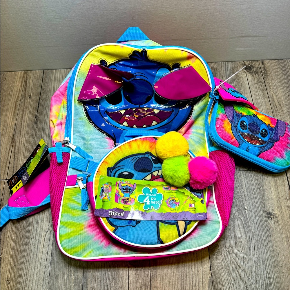NWT Disney Stitch Rainbow Tie Dye 17" Laptop Backpack Lunch Tote Set, 4-Pieces